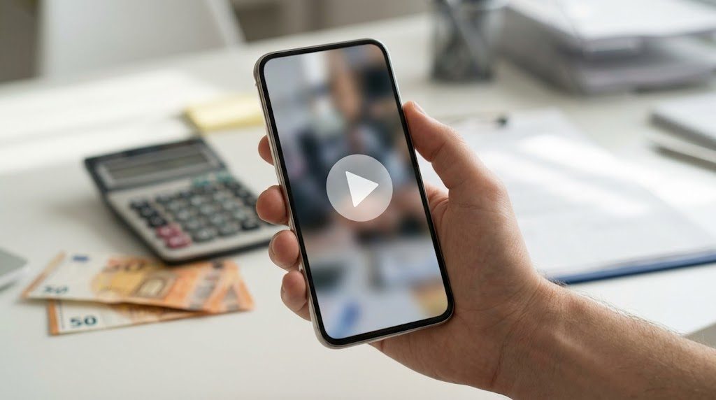 Mano sujetando un móvil con un vídeo: reel de UGT Servicios Públicos sobre la subida salarial 2027